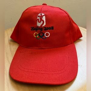 Beijing 2008 Olympic Hat Cap Red Olympic Rings Adjustable EUC